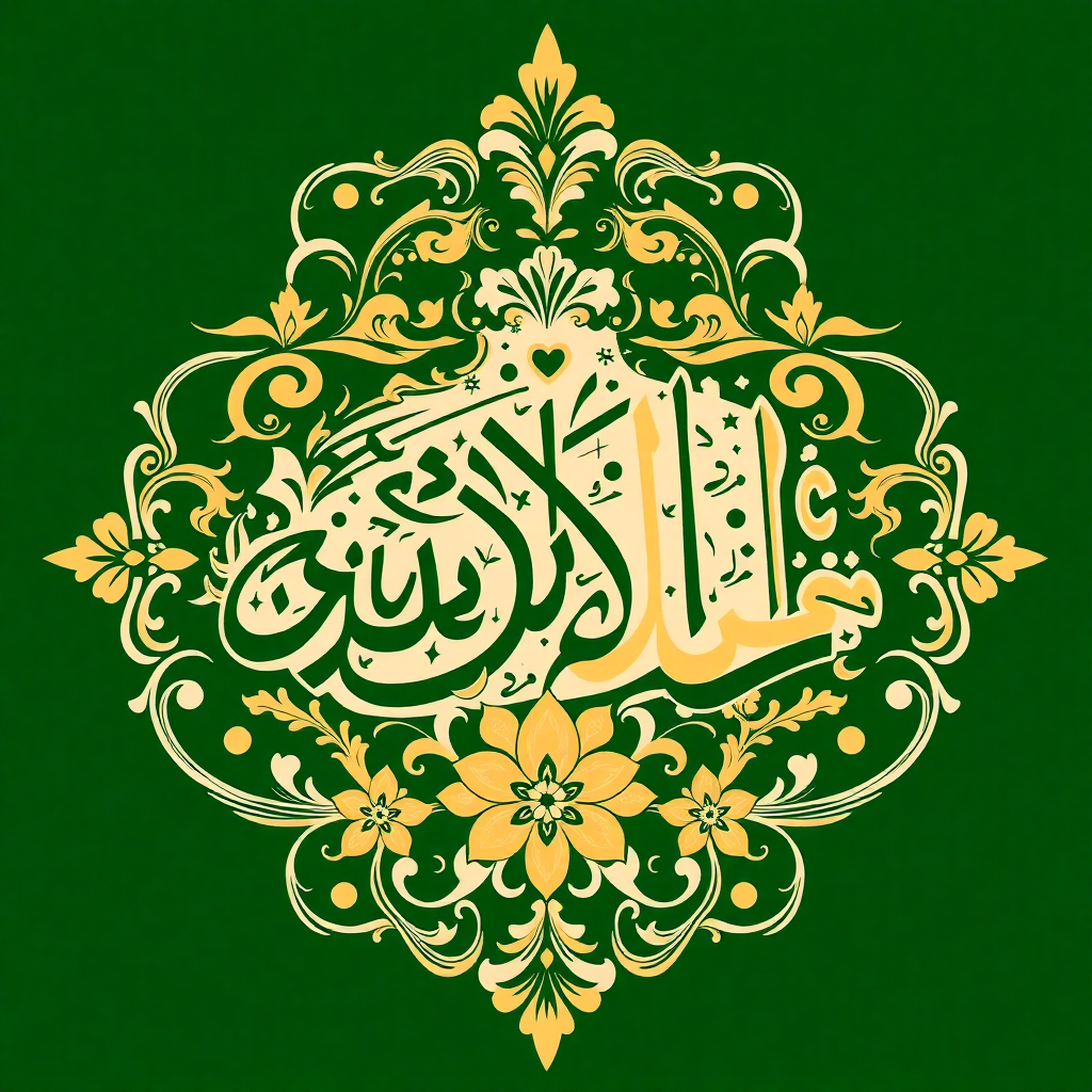 Islamic calligraphy, arabic script with floral patterns, elegant design in green and gold colors