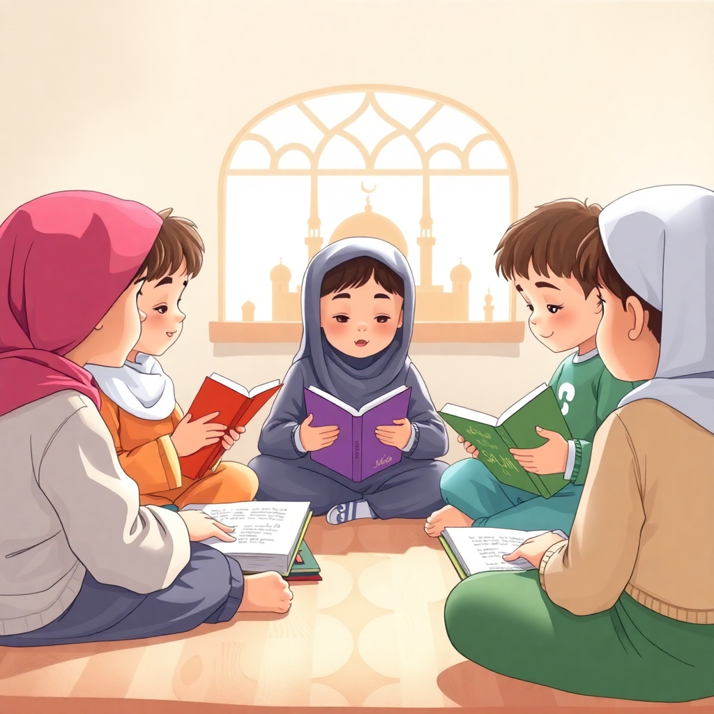 children reading islamic books, educational setting, respectful illustration style, no faces shown