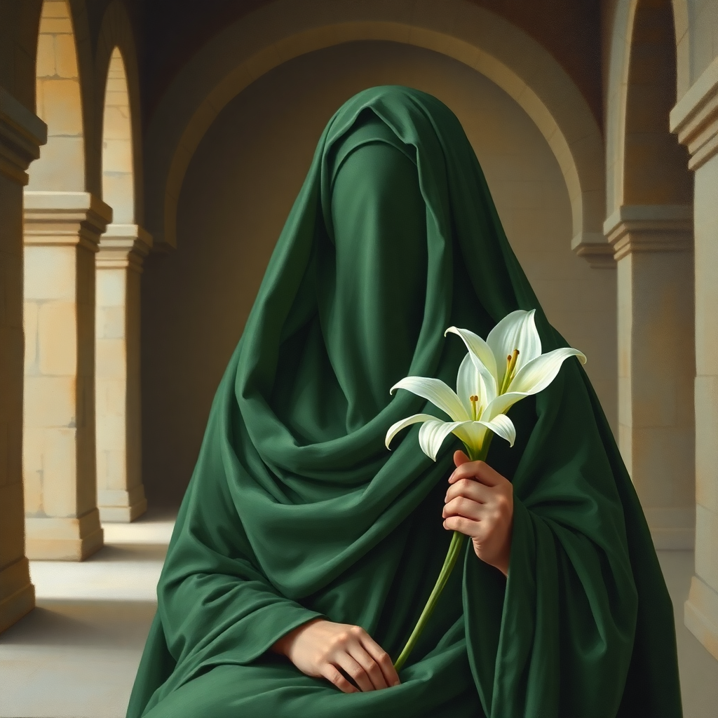 reverent painting of a holy woman in flowing green hijab, her face covered by a featureless veil