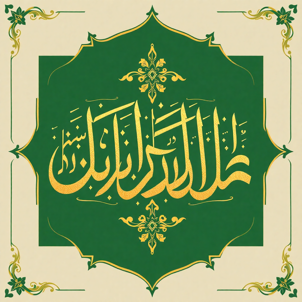 Arabic calligraphy Fatimah az-Zahra, Islamic art, gold and green colors, ornate design