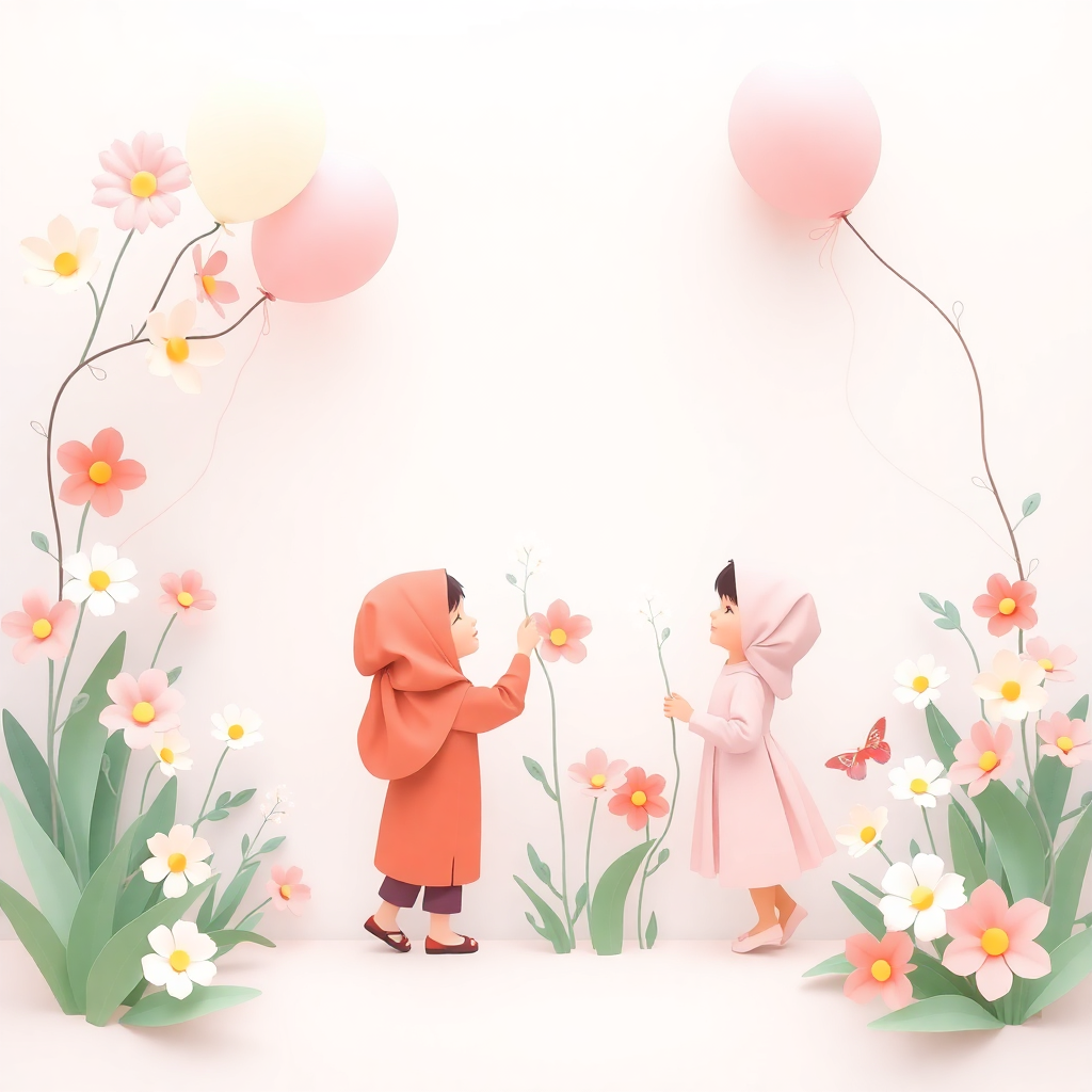 children playing with paper flowers and balloons in a garden, soft pastel colors, innocent, islamic art style, no faces shown