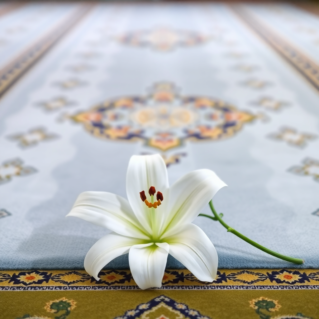 white lily flower on Islamic prayer mat, soft lighting, spiritual atmosphere, symbolic purity