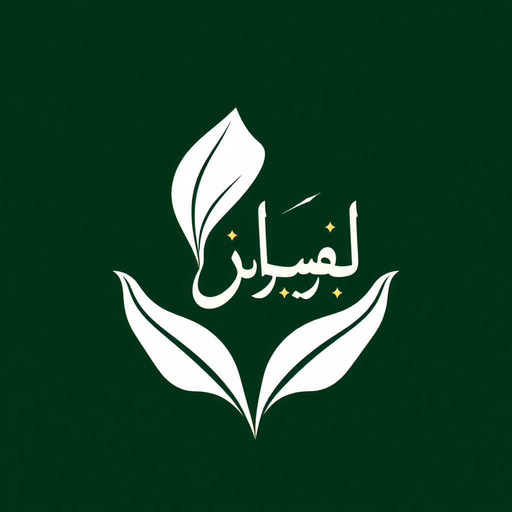 elegant logo with white lily flower and arabic calligraphy, minimalist design, green and gold colors