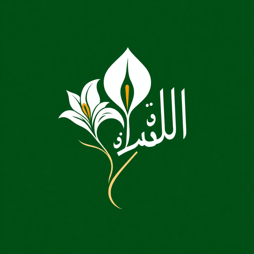 elegant logo with white lily flower and arabic calligraphy, minimalist design, green and gold colors