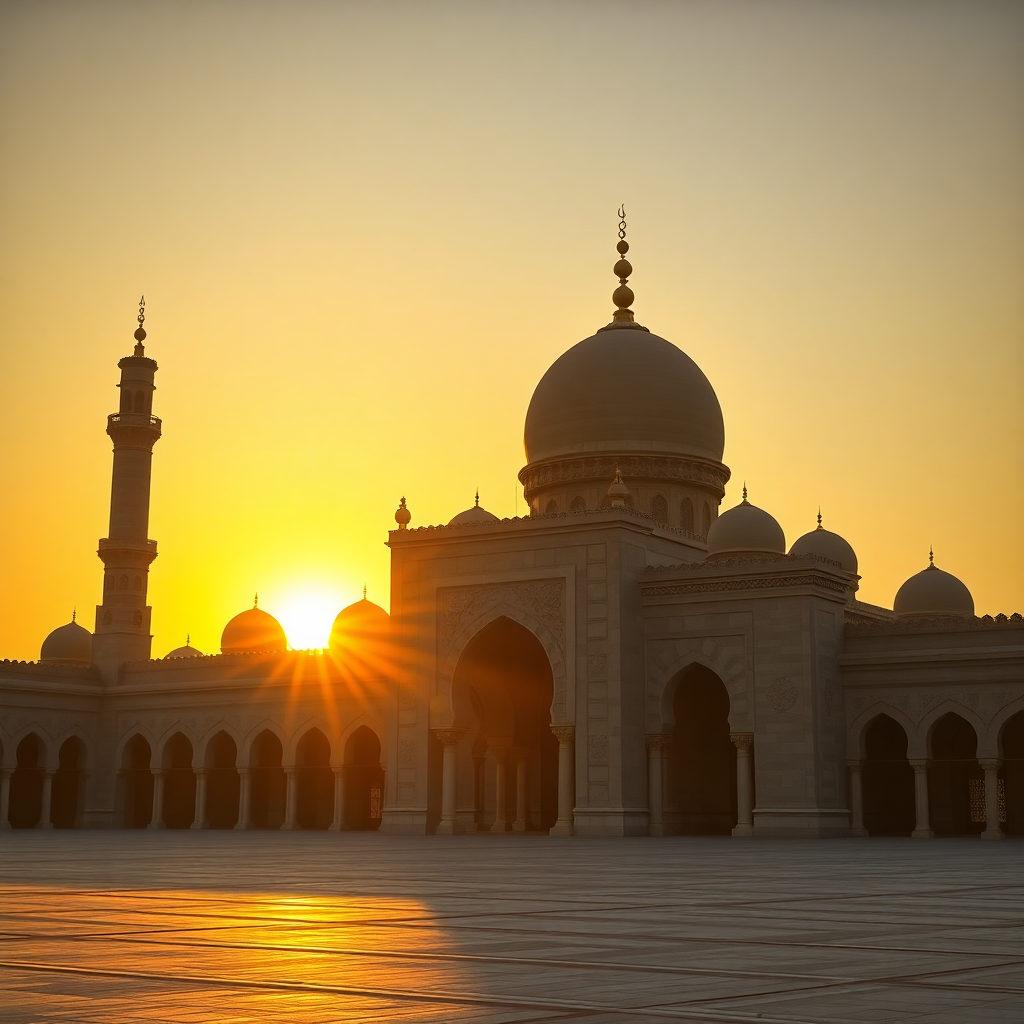ancient mosque in Medina at sunset, Islamic architecture, golden light, spiritual atmosphere