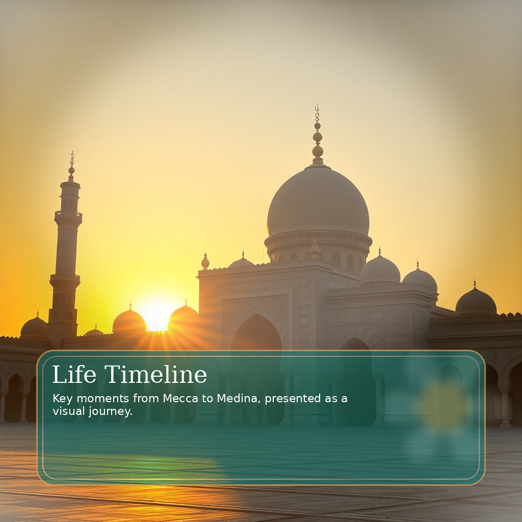 timeline of islamic history, elegant infographic style, green and gold colors