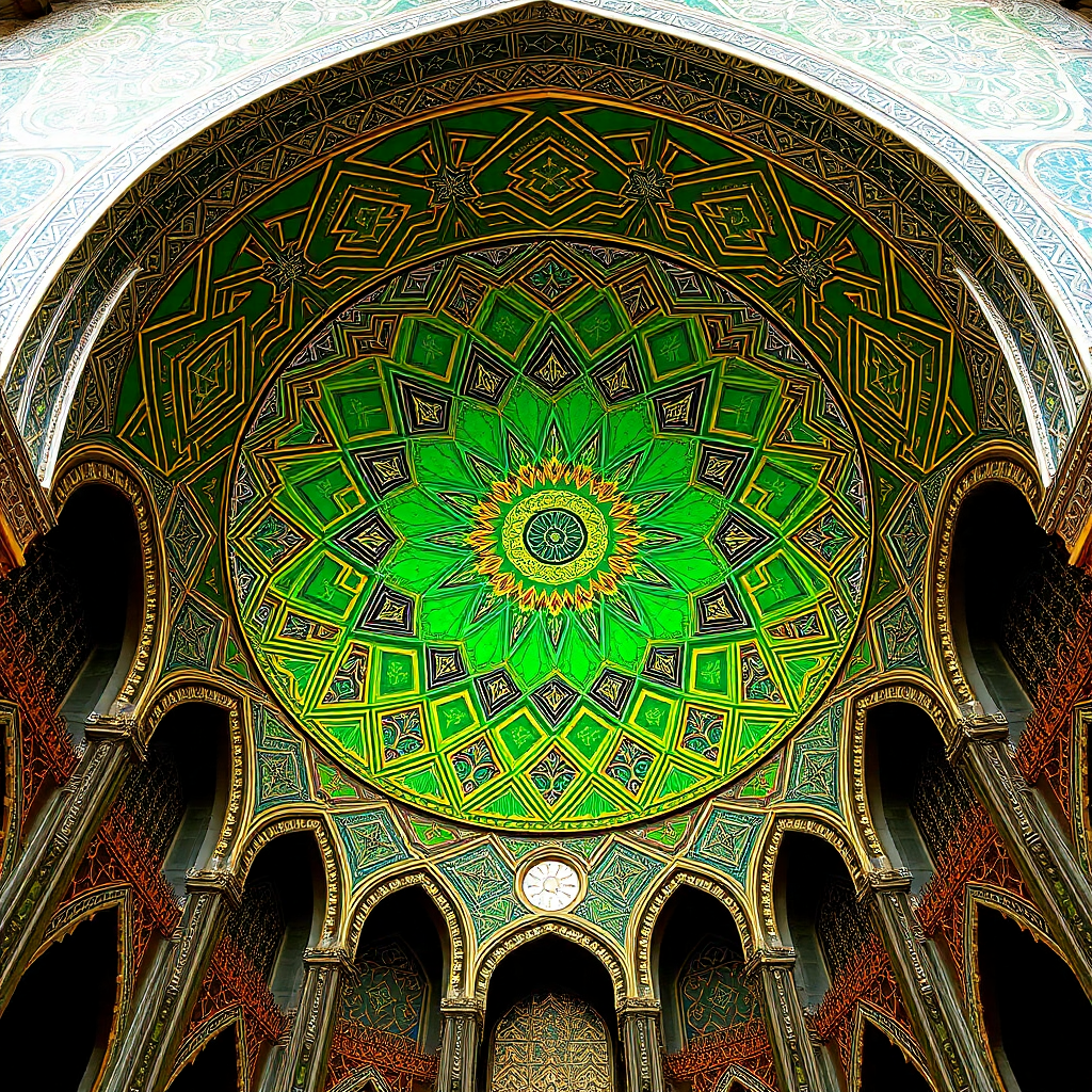 Islamic geometric patterns, mosque interior, green and gold, sacred geometry