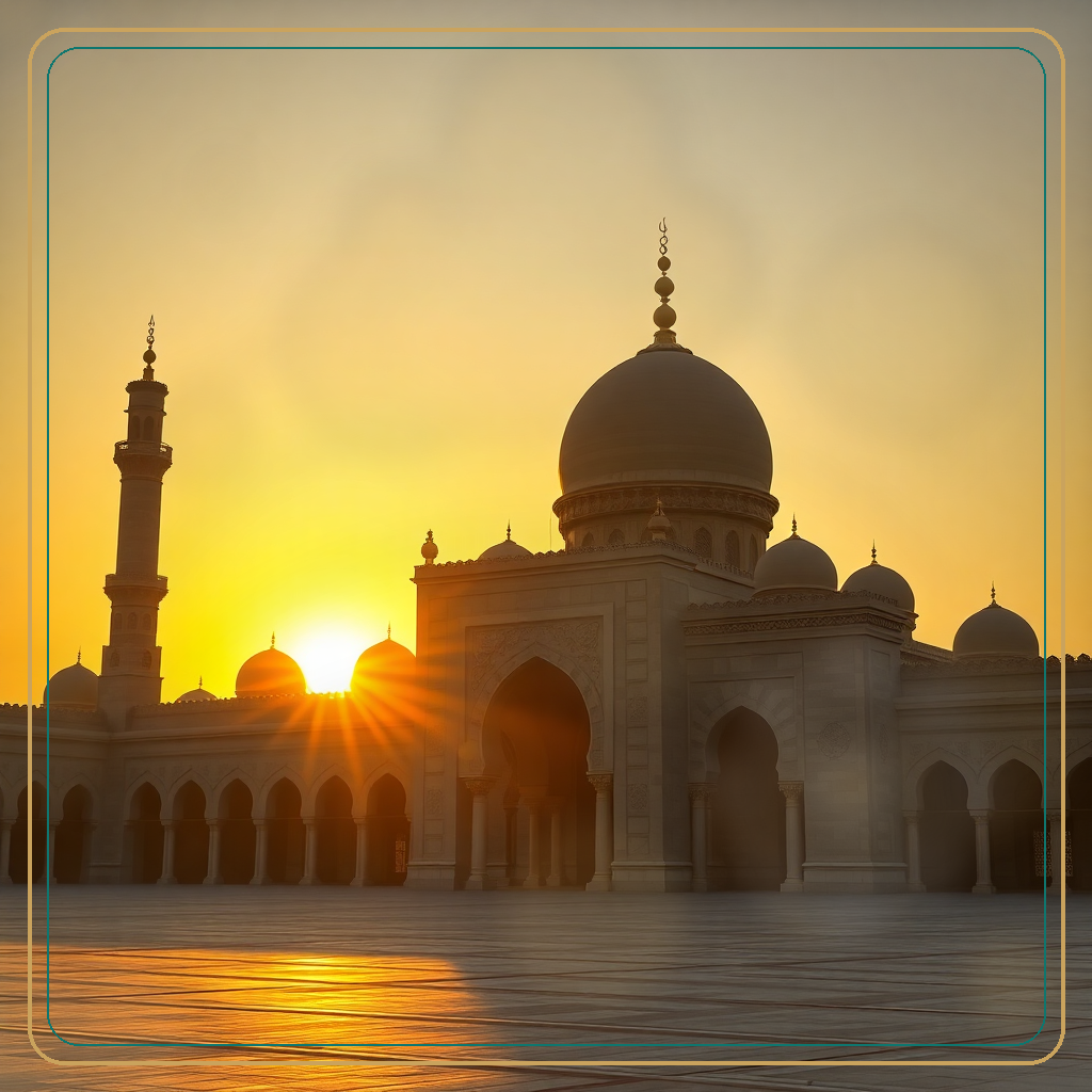 respectful greeting between father and daughter, islamic historical scene, warm lighting, family love, modest depiction