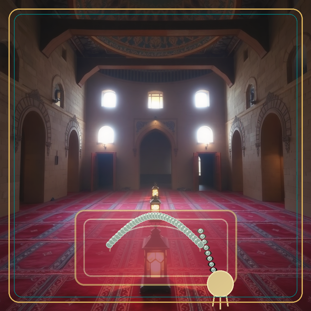 woman with prayer beads in modest home, islamic historical scene, spiritual devotion, peaceful atmosphere